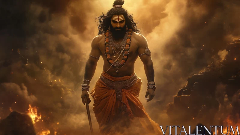 Mythic warrior strides through inferno with blazing resolve.