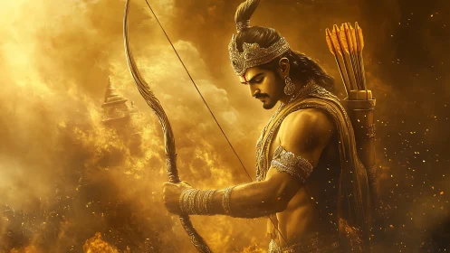 Warrior archer in golden battlefield haze prepares arrow.