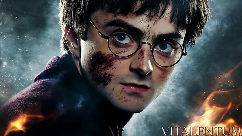 Battle-worn boy wizard stares ahead through swirling embers