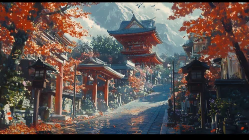 Crimson lanterns guide a quiet temple street into autumn mist