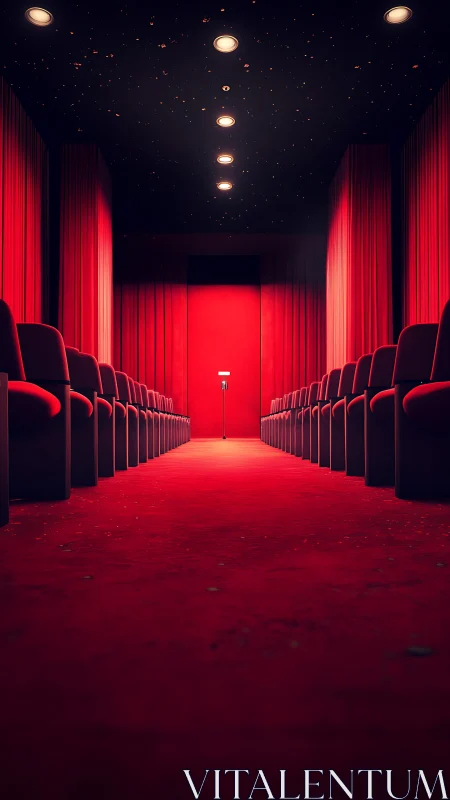 Empty red cinema aisle under dark starry ceiling.