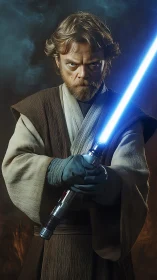 Bearded warrior in Jedi robes grips illuminated blue lightsaber