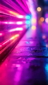 Neon light streaks reflect on wet pavement in shallow focus.
