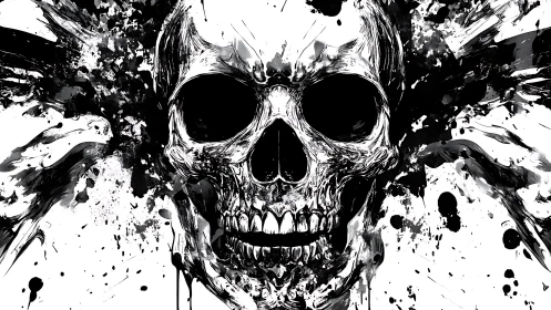 Monochrome ink skull rendered with dynamic splatter abstraction