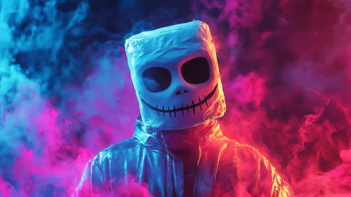 Neon skull mask figure in vivid pink and cyan smoke clouds.