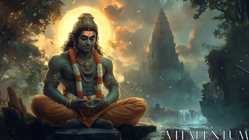 Meditating blue-skinned deity before luminous temple monolith