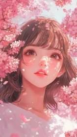 Girl beneath cherry blossoms gazes into soft spring light.