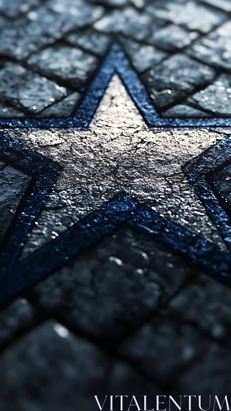Blue outlined stone star in wet cobblestone pavement street.