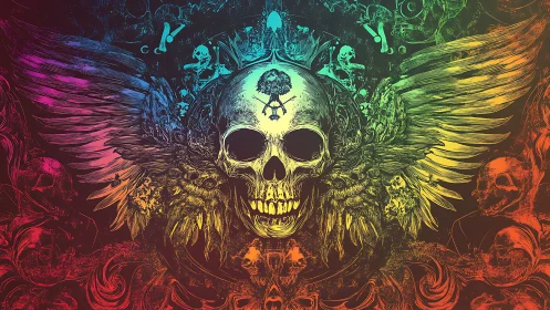 Winged rainbow skull amid intricate gothic chaos.