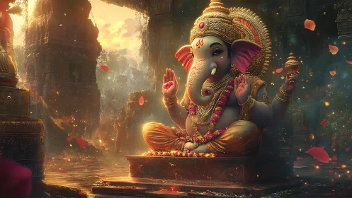 Luminous digital Ganesha idol amid atmospheric temple ruins.