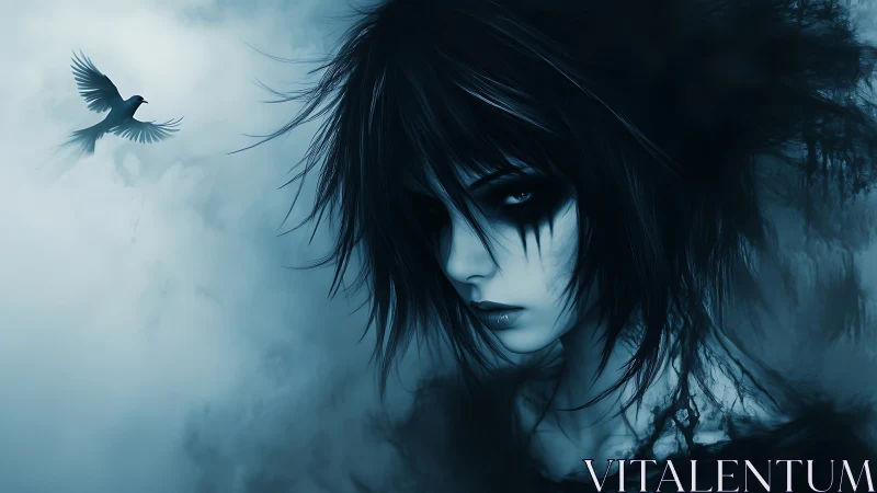Melancholic blue-toned anime portrait with raven in mist