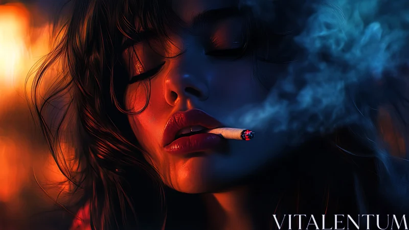 Woman with cigarette exhales smoke in dramatic neon light