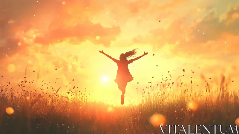 Joyful silhouette leaping in golden sunset field, dreamy light effect.