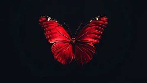 Red butterfly with spread wings on deep black background.