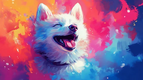 High saturation digital portrait of laughing white dog in color field