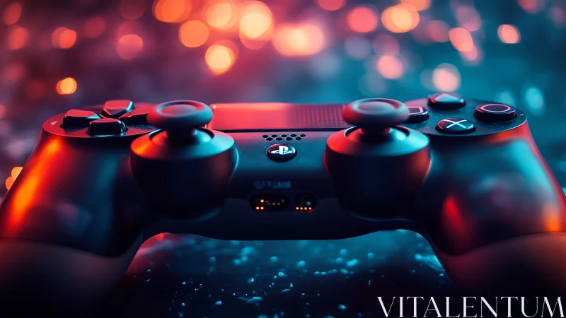 PlayStation Controller Rendered in Neon Red-Blue Lighting Environment.