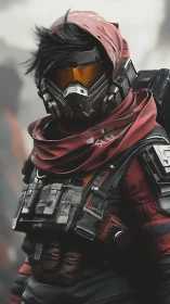 Hooded sci fi scout in red tactical armor, misty backdrop.