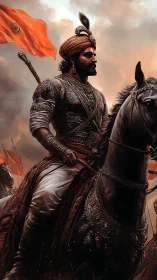 Historic warrior on horseback amid orange battle flags.