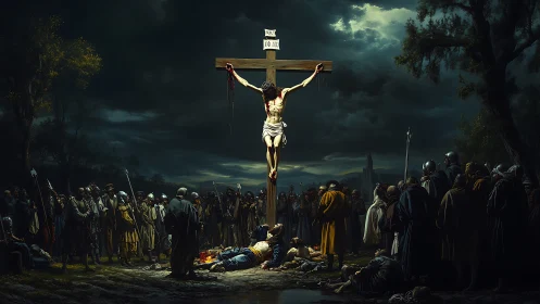 Crucifixion scene with central cross amid gathered crowd.