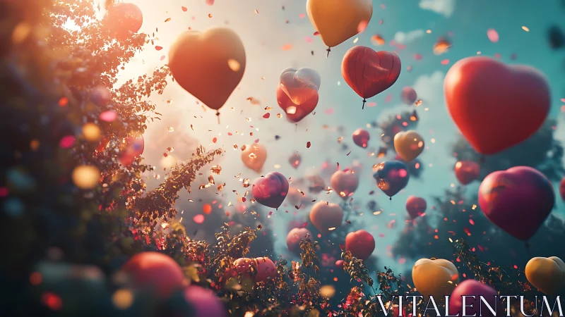 Heart Balloons Rise Through Golden Light Cascade