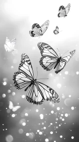 Monochrome butterflies drifting through glowing bokeh field.