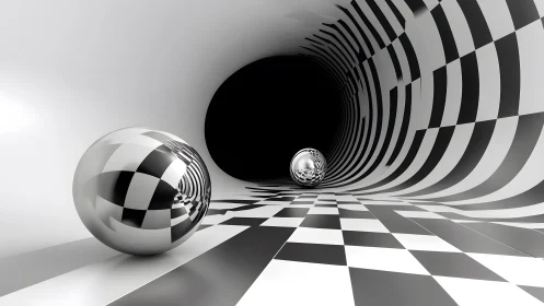 Reflective spheres rest in a checkered cylindrical corridor