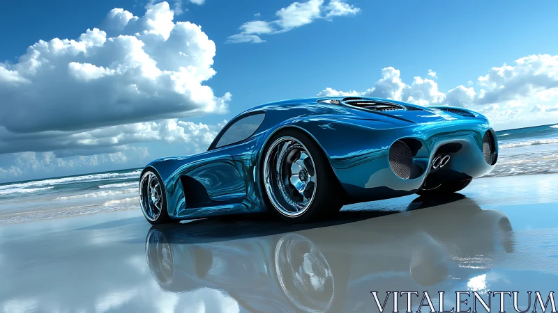 Futuristic chrome supercar mirrored on reflective shoreline.