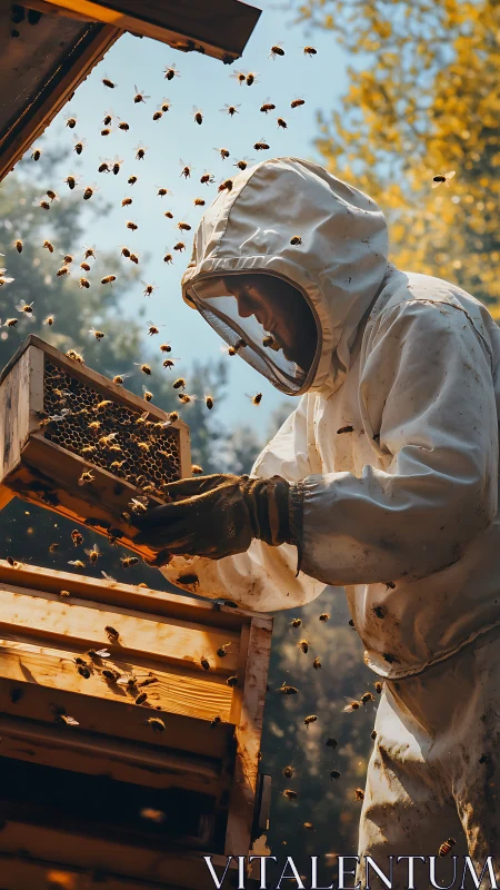 Beekeeper tends busy hive under warm golden morning light