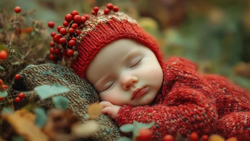 Macro portrait of infant in red knitwear within autumn field.