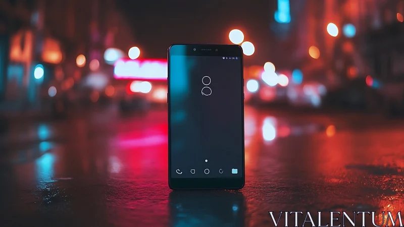 Smartphone on wet urban street at night with city lights.