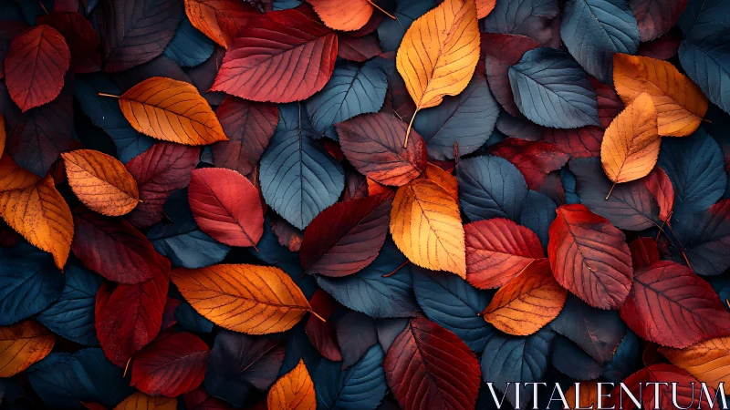 Overhead view of overlapping blue, red and orange leaves.