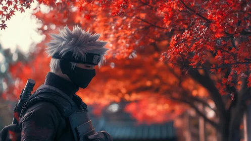 Masked silver-haired character stands beneath vivid red maple