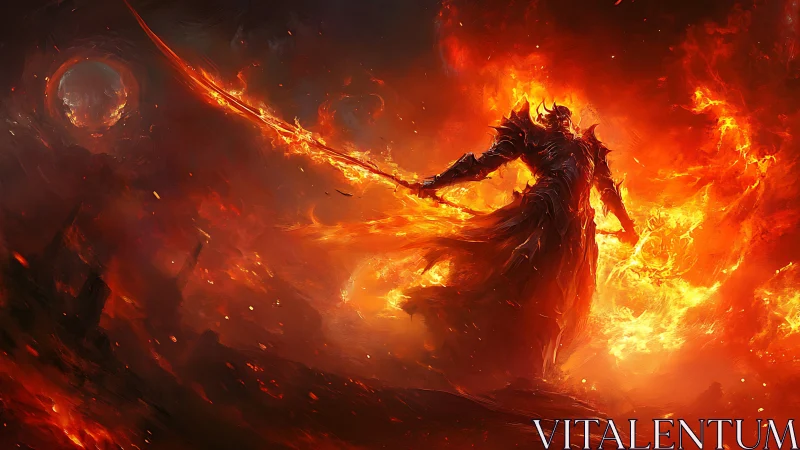 Infernal warlord with plasma blade in eruptive lava maelstrom.