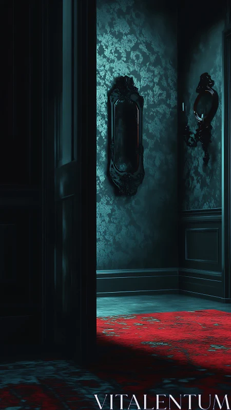 Dim corridor shows ornate mirrors and red patterned carpet