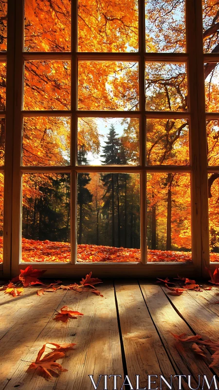 Golden autumn forest glows beyond rustic sunlit window