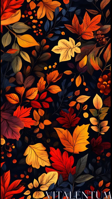 Bold autumn foliage pattern on dark background design.