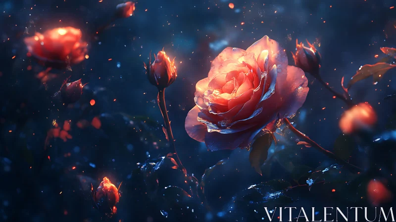 Illuminated Roses with Chromatic Particle Effects Against Deep Blue Atmosphere