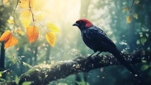 Black bird with red head on forest branch, autumn morning light.