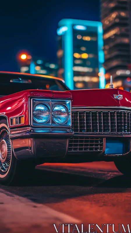 Vintage red sedan front view in illuminated urban street at night.