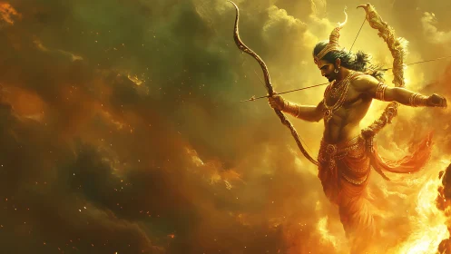 Mythic archer deity in flaming golden storm cloud vortex