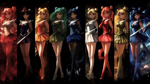 Starlit team of magical girls stand united in vivid colors