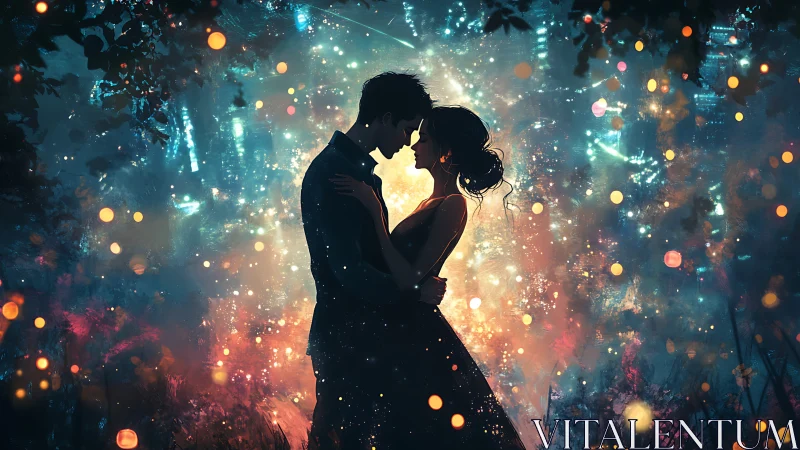 Silhouetted embrace with luminescent bokeh particles and chromatic ambience.