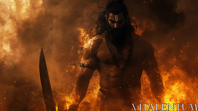 Warrior ascendant amid swirling inferno and dense smoke.