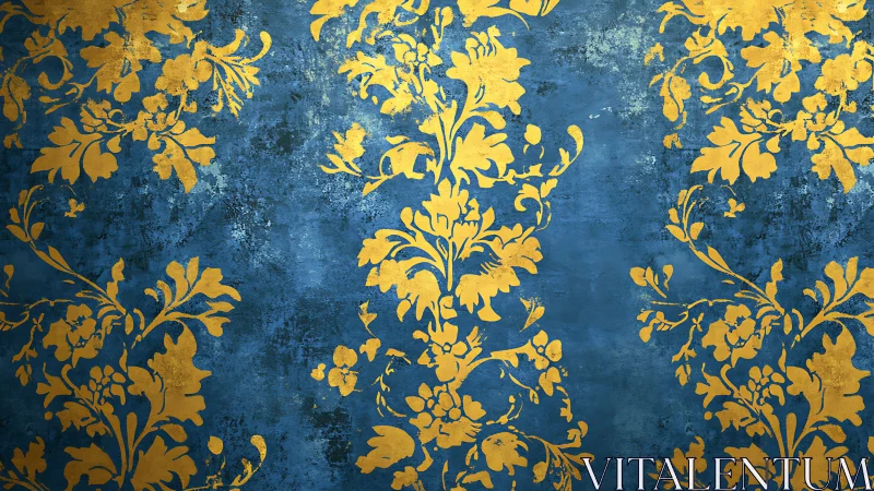 Gold damask florals over distressed azure textured ground.