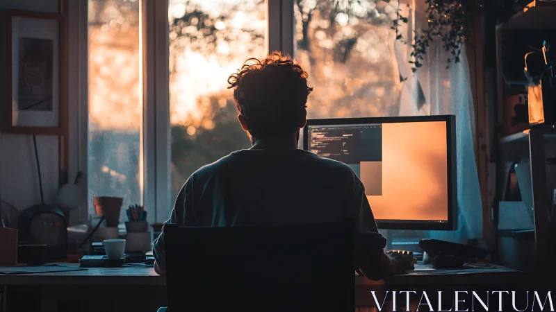 Backlit coder communes with glowing screens at sunset hour.