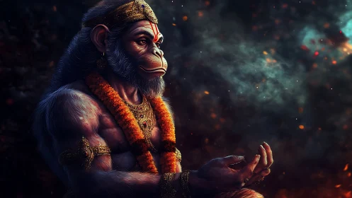 Contemplative monkey deity in ember kissed cosmic hush.