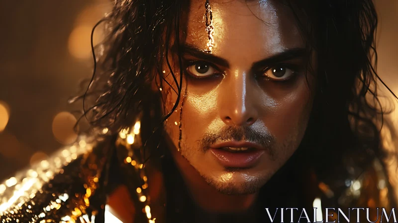 Intense golden portrait celebrates bold gaze and dramatic light