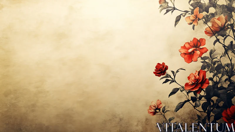 Floral side border with red roses on textured beige ground