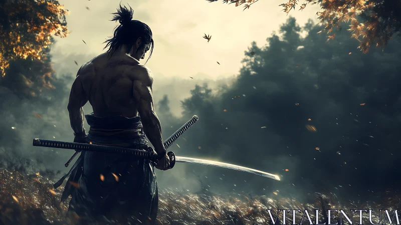 Samurai figure with drawn katana in misty forest clearing.