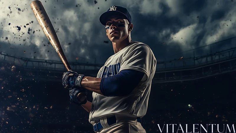 Baseball player holding bat in stadium under dark clouds.